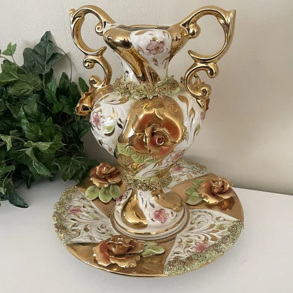 Vintage Capodimonte Vase Plate Set Italian Ornate Porcelain 12” MCM Handles Gold